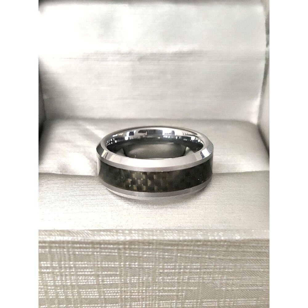 Men's Wedding Band Ring - 8MM Black Carbon Fiber Tungsten Carbide - SIZE 8